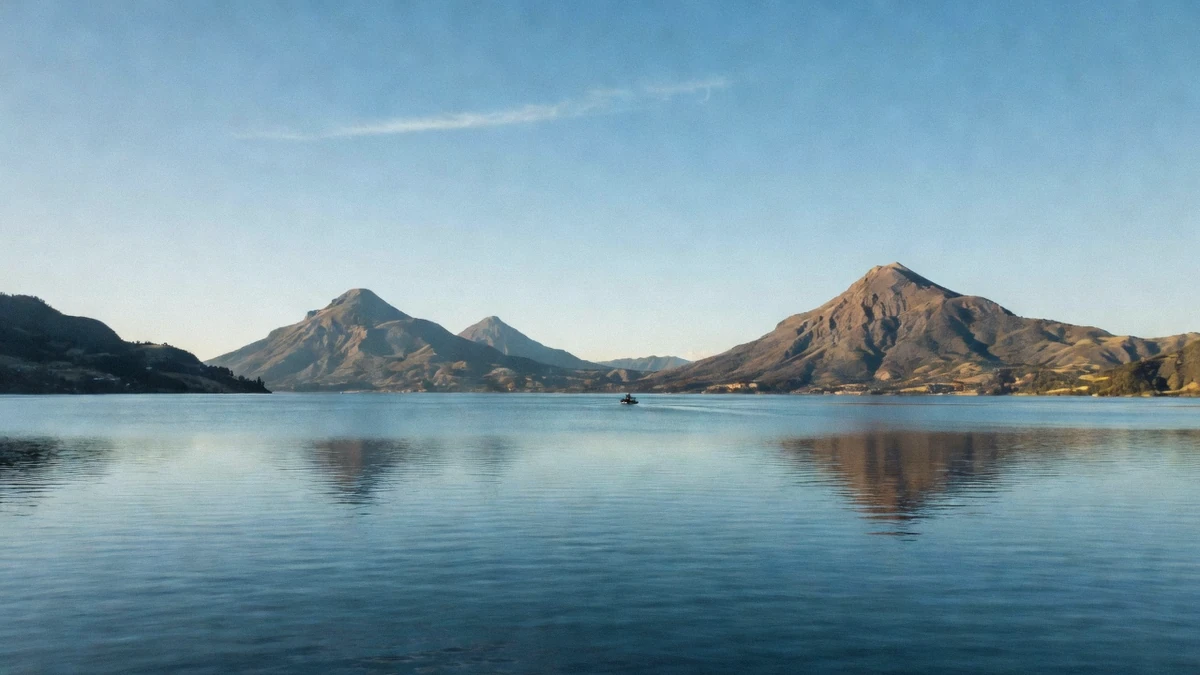 Morning light over Lake Atitlan with usually calmer water conditions on a Lake Atitlan boat tour in Guatemala