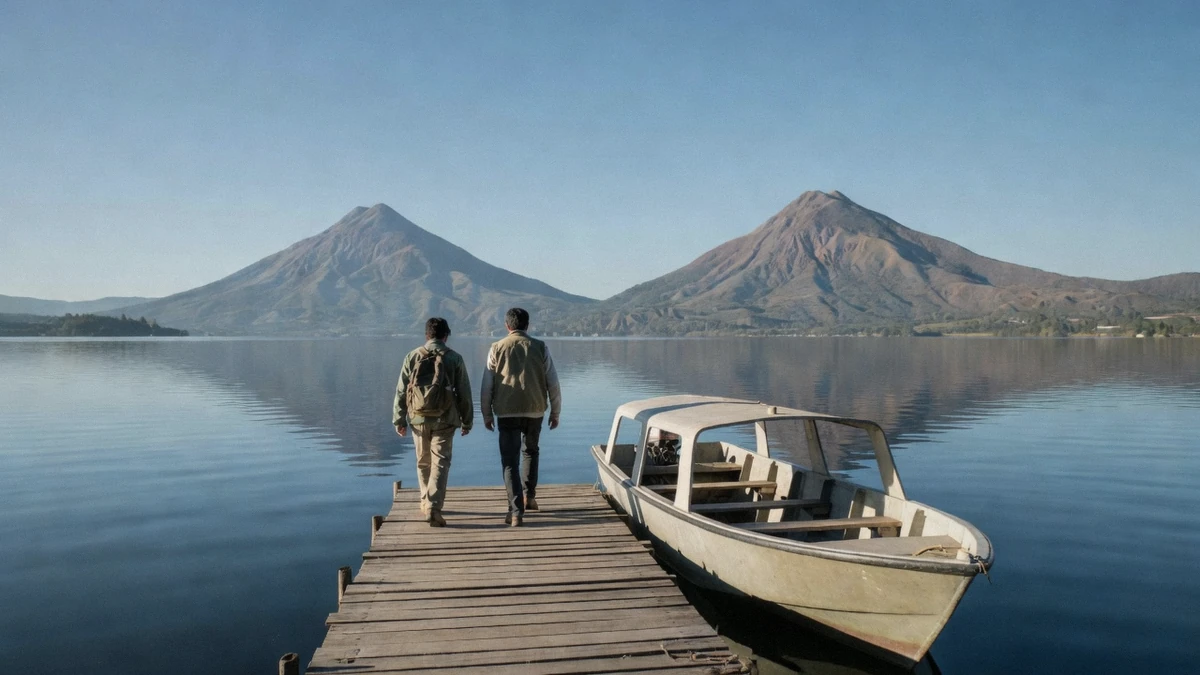 Passengers boarding a public lancha water taxi at a wooden dock on a Lake Atitlan boat tour in Guatemala